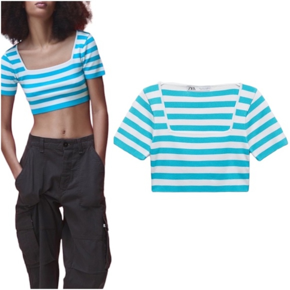 Zara blue striped cropped knit top - small